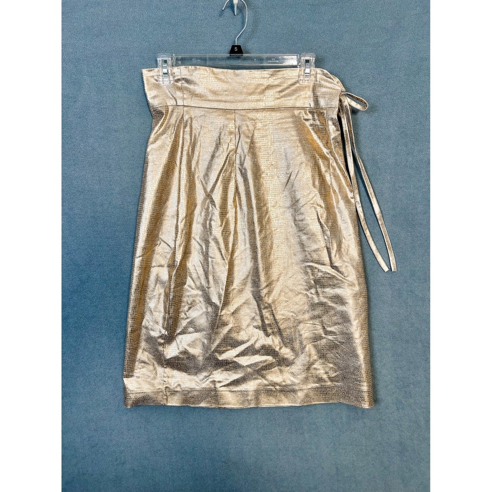 Shabby Apple Metallic Gold Snakeskin Embossed Midi Skirt Side Tie Womens 8